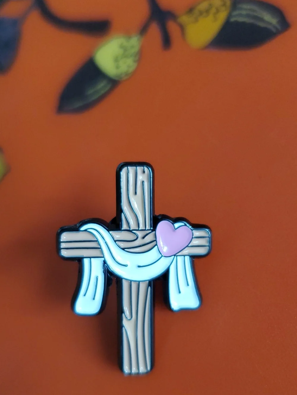 Cross Enamel Pin with Drape and Heart - Brown, White, Pink